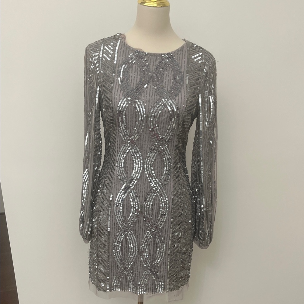 Aidan Mattox Silver Sequin Long Sleeve Dress